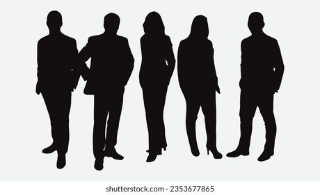 Cohesion in Commerce, Silhouettes of Professional Business Men and Women in Group Pose for Diverse Corporate Illustration