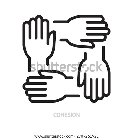 Cohesion line icon. Human hands, palms symbol. Teamwork, mutual help, partnership, support, help, success concept. Black sign. Isolated on a white background. Editable stroke. Vector illustration.