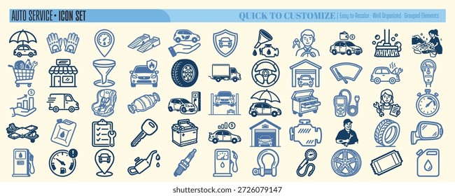 Uma coleção coesa de ícones de linha plana retrata itens de reparo automotivo, veículos e símbolos de garagem para uso de marca, web e utilitários de impressão