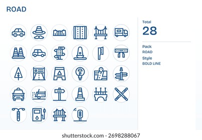 Una Biblioteca cohesiva de 28 íconos de Bold Line que reflejan Road, diseñados para un diseño de interfaz consistente.