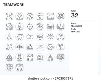 Eine zusammenhängende Bibliothek von 32 Thin Line Icons, die Teamwork widerspiegeln und für ein konsistentes Interface-Design konzipiert wurden.