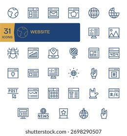 Uma biblioteca coesa de 35 ícones de linha regular que refletem o site, criada para um design de interface consistente.