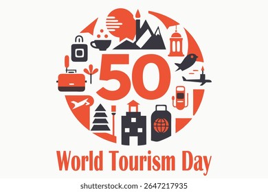 Cohesive set of 50+ flat travel icons including airplane, backpack, compass, and landmarks in a circular collage. Clean monochrome style with a pop of accent color on white background.