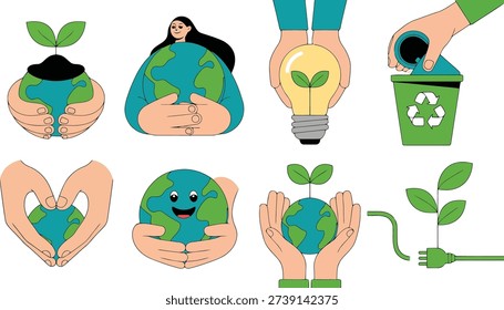 A cohesive set of eco themed illustrations depicting actions like nurturing the planet, sustainable energy generation, and proper waste disposal.