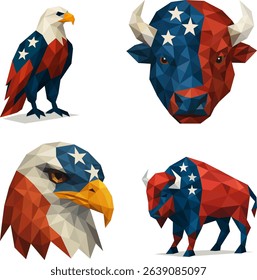 A cohesive set of four low-poly American wildlife designs—buffalo (head  full-body) and eagle (head  full-body)—in USA flag colors. Ideal for patriotic campaigns, print bundles, and home décor.