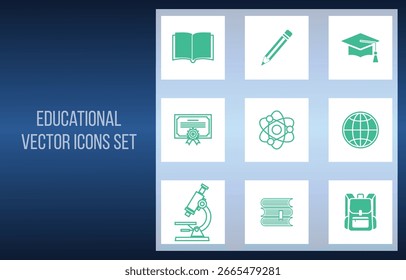 Un conjunto cohesivo de nueve íconos de color verde sobre un fondo azul claro, que representan los Elementos educativos y científicos centrales, como el libro y etc.