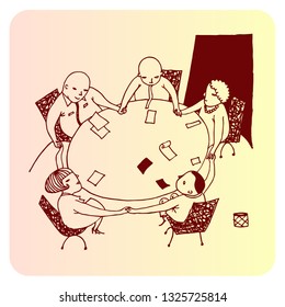 Cohesive team at the table. Synergy concept. Vector vintage illustration.