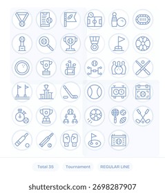 Uma linguagem visual coesa de 35 ícones da Linha Regular enraizados no Tournament, prontos para Figma ou Sketch.