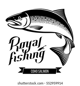 Coho Salmon Fish. Black And White Outline Vector Illustration