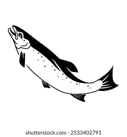 Logotipo de Salmão Coho, Preto e Branco Coho Salmão peixe saltando para fora da água, Ótimo para sua atividade de pesca Coho Salmão.