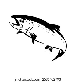 Logotipo de Salmão Coho, Preto e Branco Coho Salmão peixe saltando para fora da água, Ótimo para sua atividade de pesca Coho Salmão.