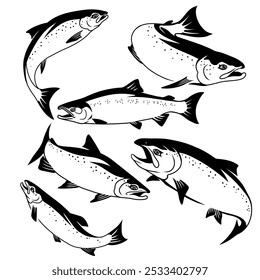 Logotipo de Salmão Coho, Preto e Branco Coho Salmão peixe saltando para fora da água, Ótimo para sua atividade de pesca Coho Salmão.