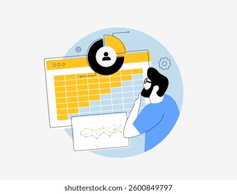 Cohort analysis with data, charts, and analytics for business insights. Tracking customer behavior, retention, and segmentation to optimize strategy and decision-making. Vector illustration and icons