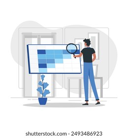 Cohort analysis, people collect business data, analyzing cohort growth graph, flat illustration