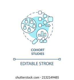 Cohort studies turquoise concept icon. Test of patient group. Clinical trials type abstract idea thin line illustration. Isolated outline drawing. Editable stroke. Arial, Myriad Pro-Bold fonts used