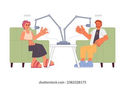 Co-hosted podcast cartoon flat illustration. Podcast hosts asian woman, caucasian bearded man 2D characters isolated on white background. Diverse podcasters conversation scene vector color image