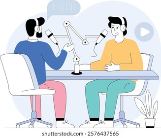 Co-hosting Conversations concept, conversational or interview-style show vector design, Podcast or slice-of-life journalism scene, Web television series banner, vodcast or audio blogging illustration