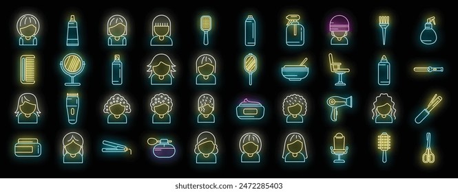 Coiffure icons set outline vector. Hair salon. Chair styling neon color on black