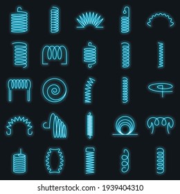 Coil icon set. Outline set of coil vector icons neon color on black
