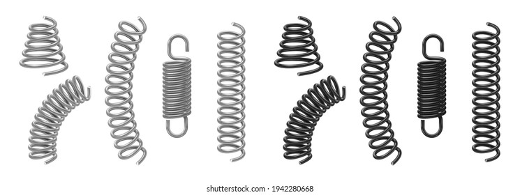 Coil and metal spring flexible cable mockup set. Realistic stainless black and silver spiral elements stainless for industry and engineering equipment. 3d vector illustration