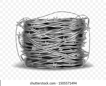 Coil of metal steel barbed wire with thorns or spikes realistic vector illustration isolated on transparent background with shadow. Rolled wire spool, industrial facility