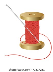 coil with a red thread and needle on white background