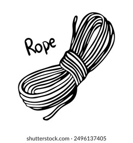 Coil of rope is hand drawn in doodle style. Tourist equipment for hiking in the mountains. Camping. Vector line art illustration.