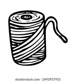 Coil of rope for tying plants hand drawn in doodle style. Twine thread, cambric. Hobby gardening. Garden tool. Vector line art illustration.