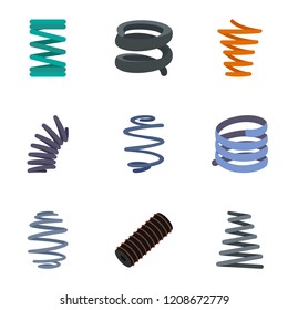 Coil spring cable icon set. Flat set of 9 coil spring cable vector icons for web design