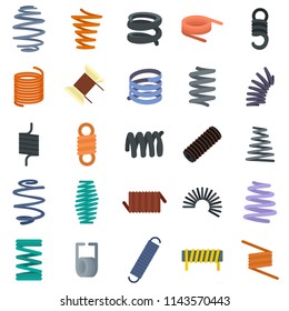 Coil spring cable icons set. Flat illustration of 25 coil spring cable vector icons isolated on white