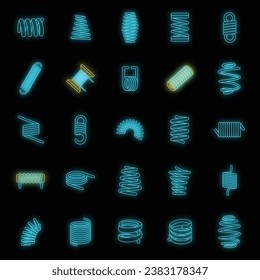 Coil spring cable icons set. Outline illustration of 25 coil spring cable vector icons neon color on black