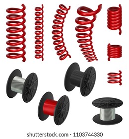 Coil spring flexible spiral cable mockup set. Realistic illustration of 11 coil spring flexible spiral cable mockups for web