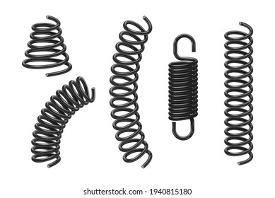 Coil springs or machine absorbers realistic 3d objects. Abstract metal spirals extended and compressed of different shapes isolated on white background. Vector illustration