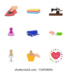 coil with thread, sewing machine, fabric and other equipment. Sewing and equipment set collection icons in cartoon style vector symbol stock illustration web.