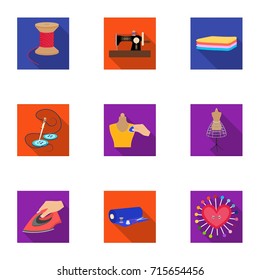 coil with thread, sewing machine, fabric and other equipment. Sewing and equipment set collection icons in flat style vector symbol stock illustration web.