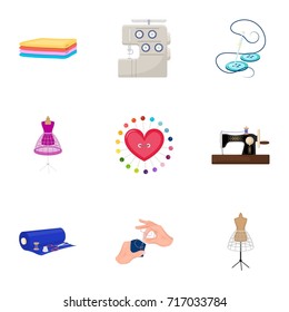 coil with thread, sewing machine, fabric and other equipment. Sewing and equipment set collection icons in cartoon style vector symbol stock illustration web.