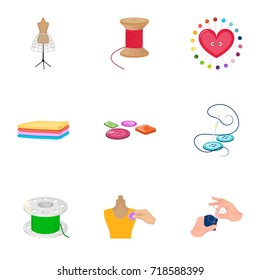 coil with thread, sewing machine, fabric and other equipment. Sewing and equipment set collection icons in cartoon style vector symbol stock illustration web.
