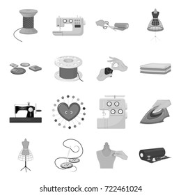 coil with thread, sewing machine, fabric and other equipment. Sewing and equipment set collection icons in monochrome style vector symbol stock illustration web.