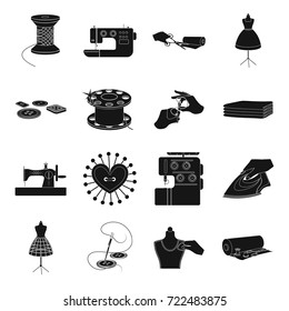 coil with thread, sewing machine, fabric and other equipment. Sewing and equipment set collection icons in black style vector symbol stock illustration web.
