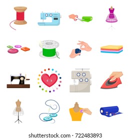 coil with thread, sewing machine, fabric and other equipment. Sewing and equipment set collection icons in cartoon style vector symbol stock illustration web.