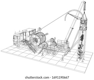 Coil Tubing roll Truck. EPS10 format. Vector created of 3d.