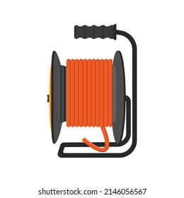 Coil with wound wire. Reel with handle and orange wire. Vector cartoon illustration isolated on white background.