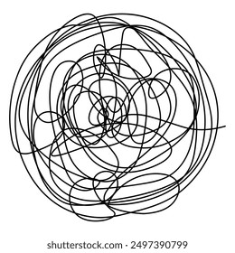 Coiled ball of thread. The end of the thread is loose. Tangled doodle. Sketch. Vector illustration. Hand drawn ball shape. Lines drawn with black pen. Outline on isolated background. Doodle style. 