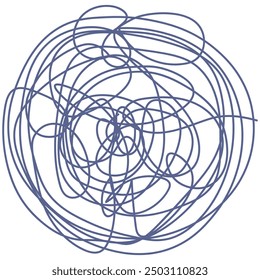 Coiled ball of thread. The end of the thread is loose. Tangled doodle. Sketch. Vector illustration. Hand drawn ball shape. Lines drawn with blue pen. Outline on isolated background. Doodle style. 