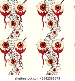 Coiled barbed wire and creepy crazy red eyeballs nail in it barbed wire around, Halloween seamless pattern texture