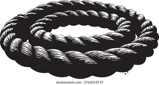 Coiled black rope isolated on white background tightly wound with visible texture and shadows