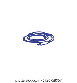Um cabo azul em espiral com um conector sobre um fundo branco.