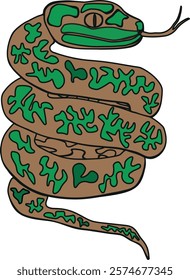 A coiled brown snake with green, patterned spots. Its scales , creating  the rich brown base and the vibrant green markings that appear like intricate, abstract shapes scattered along its body. 