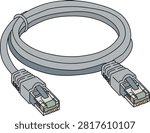 Coiled gray Ethernet network cable with two RJ45 connectors, shown as a detailed flat vector icon on a transparent background.