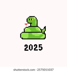 Coiled green Snake. Cute funny character. Symbol of the new year 2025. Pixel Art, 8 bit, retro video game style. Hand drawn modern Vector illustration. Isolated design element. Square card